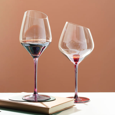 Electroplated Slanted Red Tinted Wine Glasses 19 Ounces Lead Free 550ml Hand Blown