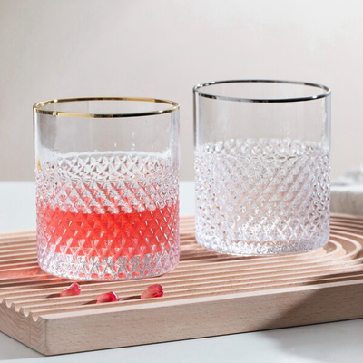 Diamond Shaped Whisky Gold Rimmed Drinking Glasses 12.6 Ounce 360ml Silver Edge