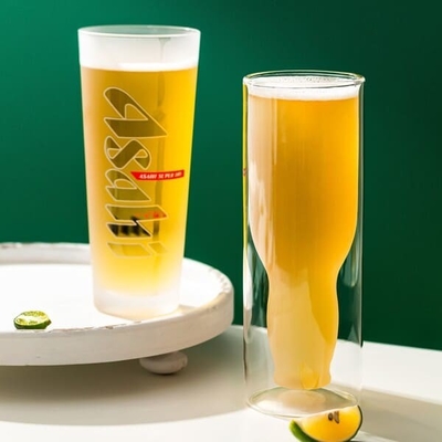 18 Ounce Etched Double Wall Drinking Glass Upside Down Borosilicate Beer Glass
